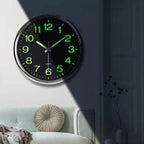 Wall clock with green numbers in a living room setting