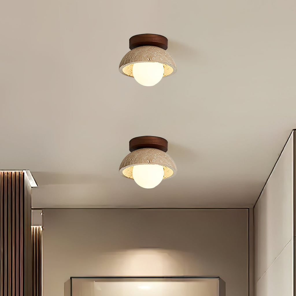 Two ceiling lights with wooden frames on a white ceiling.