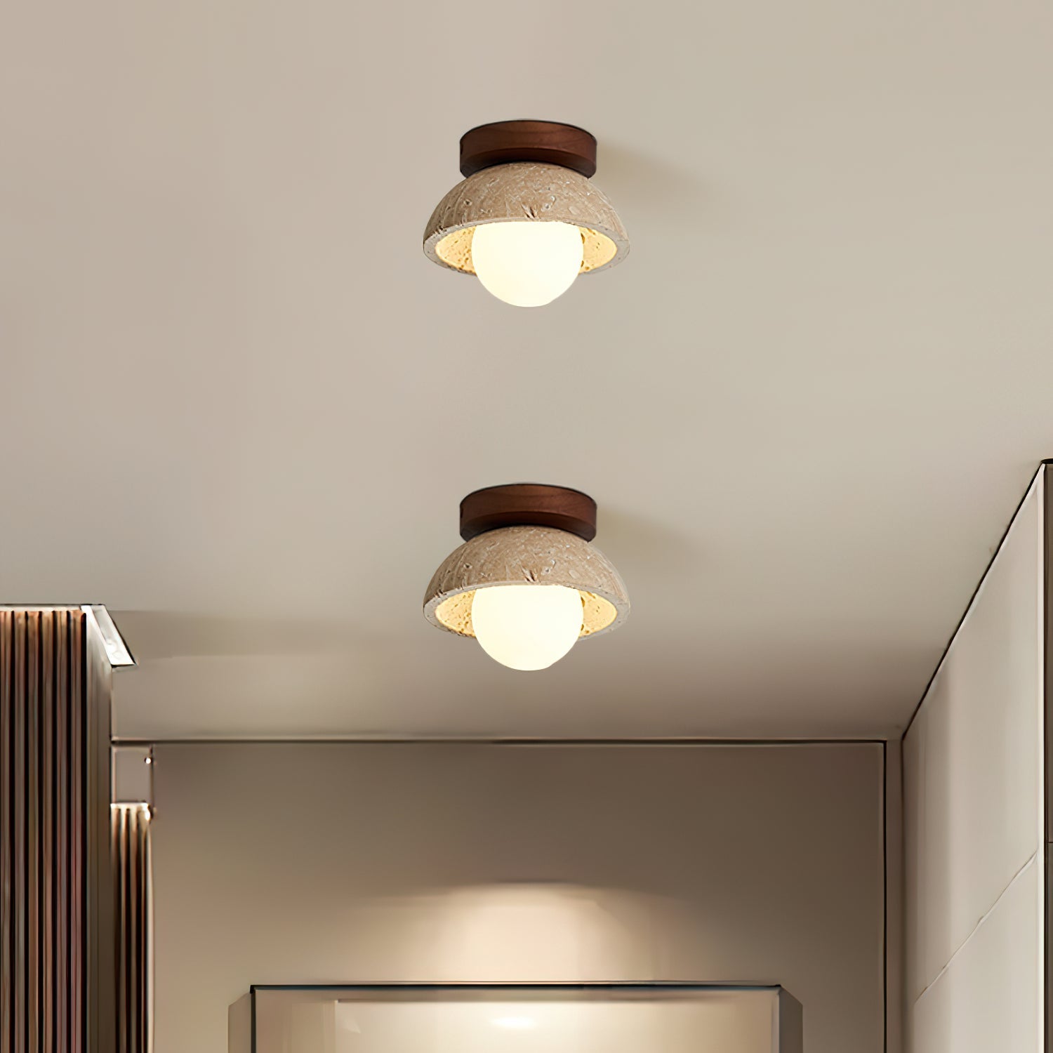 Two ceiling lights with wooden frames on a white ceiling.
