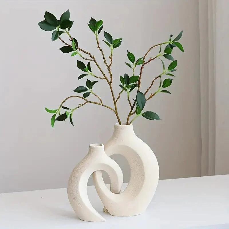 Set van 2 Keramische Japandi Vazen – Donut Vaas Klein & Groot – Moderne Decoratie-Vazen-Maevias
