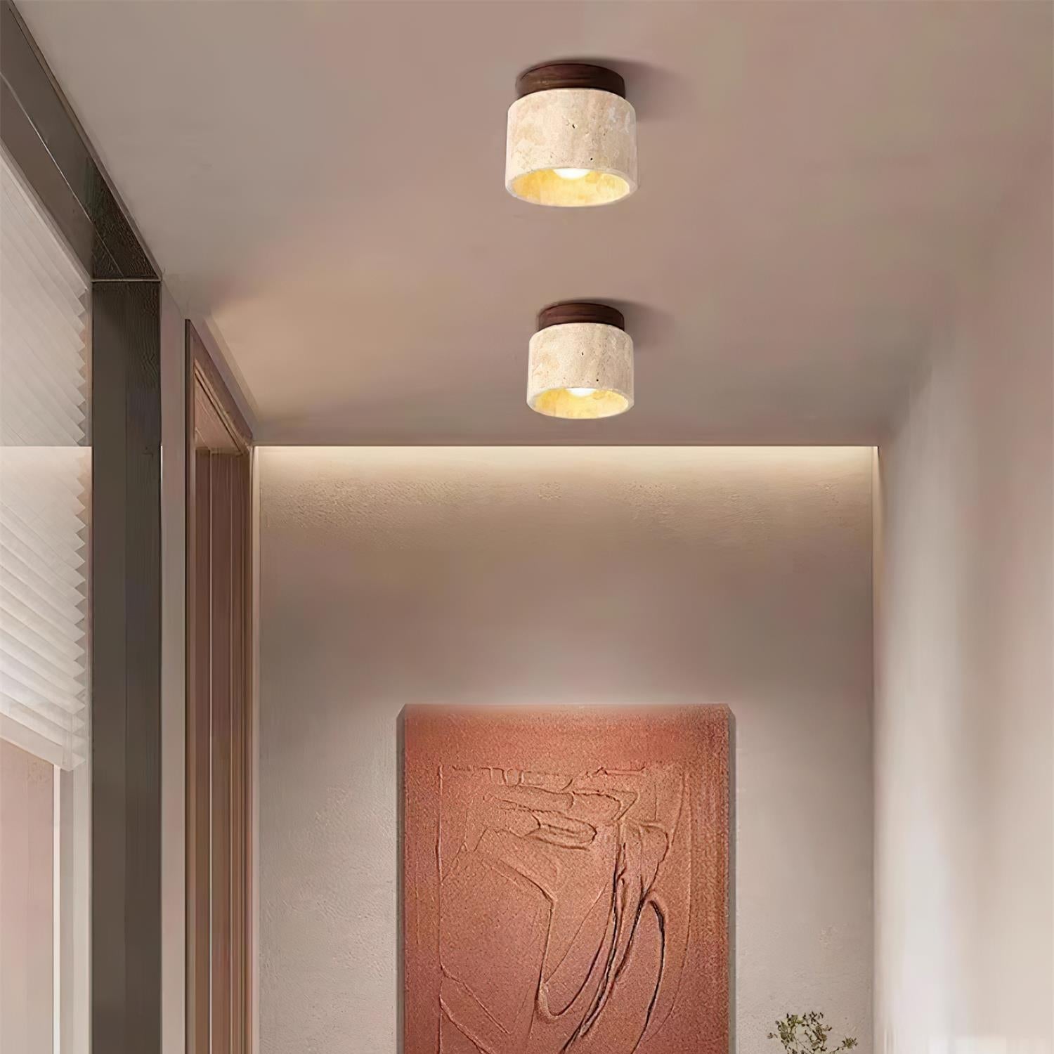 Modern ceiling lights in a room with a decorative wall piece and plant.