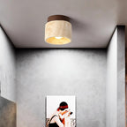 Ceiling light fixture above a wall art piece in a room with gray walls.