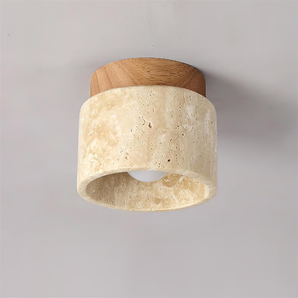 Ceiling light fixture with wooden top and beige stone base on a gray background