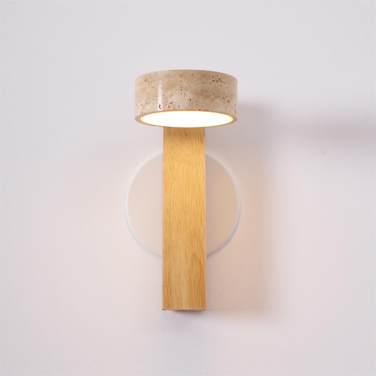 Modern wall lamp with wooden base and concrete-like shade