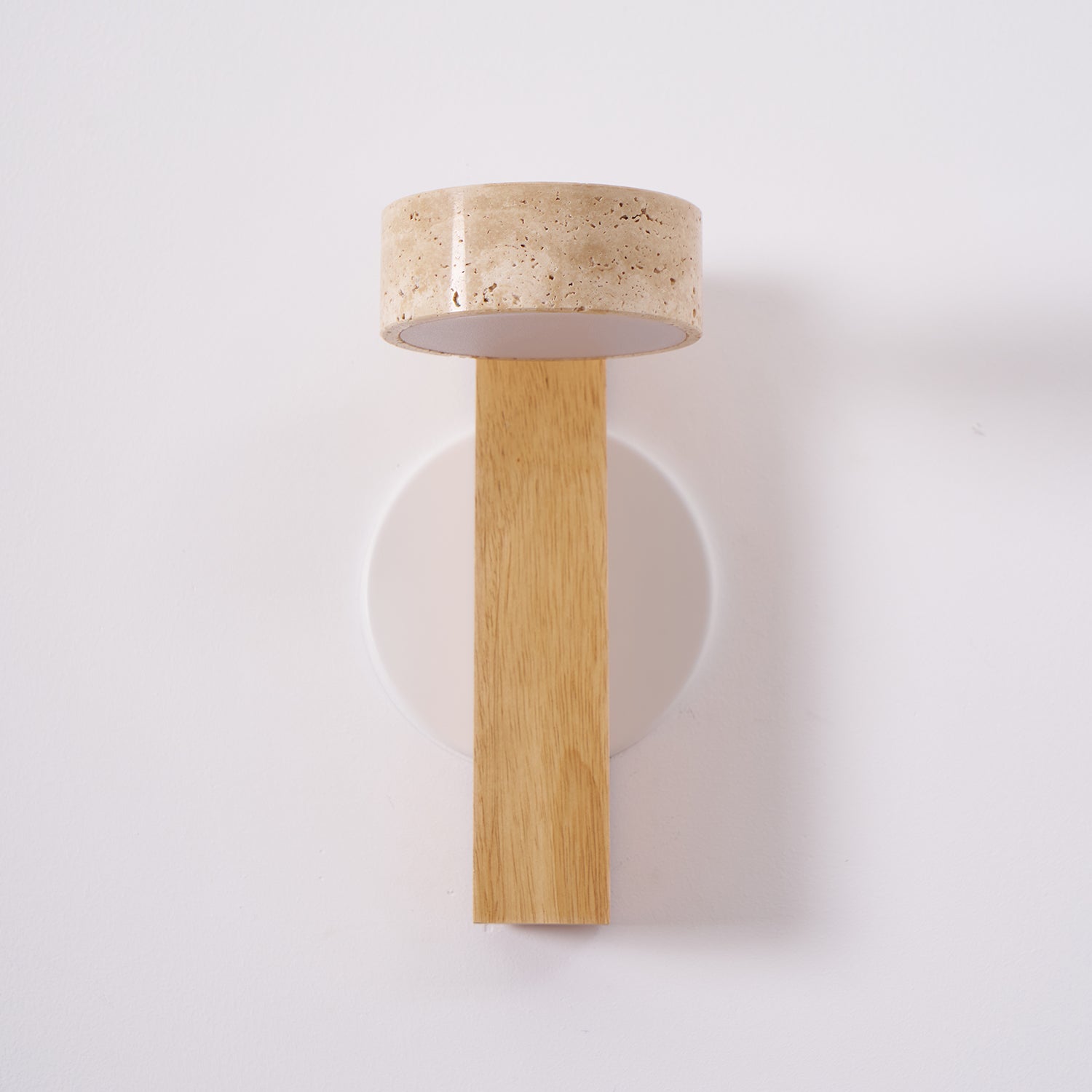 Modern wall lamp with wooden base and concrete-like shade