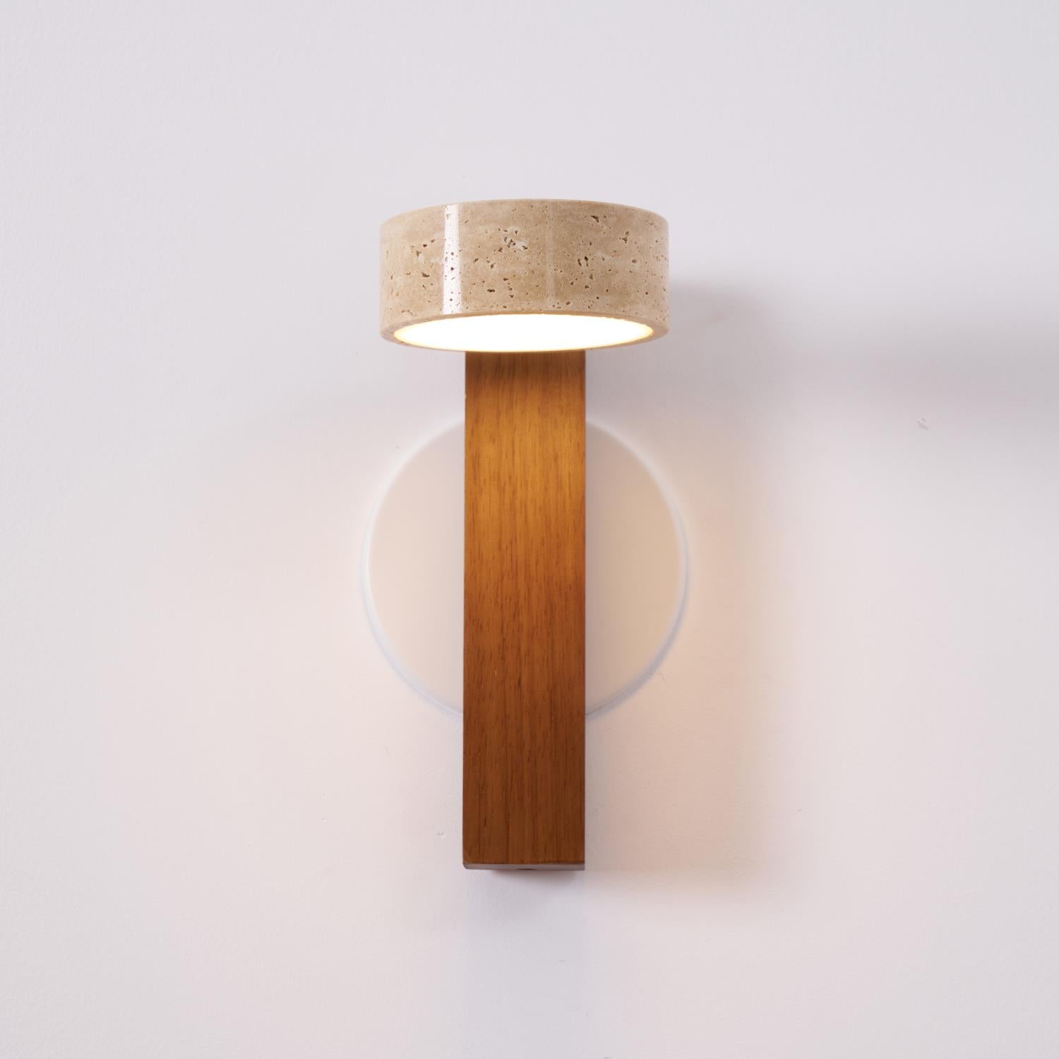 Modern wall lamp with wooden base and concrete-like shade