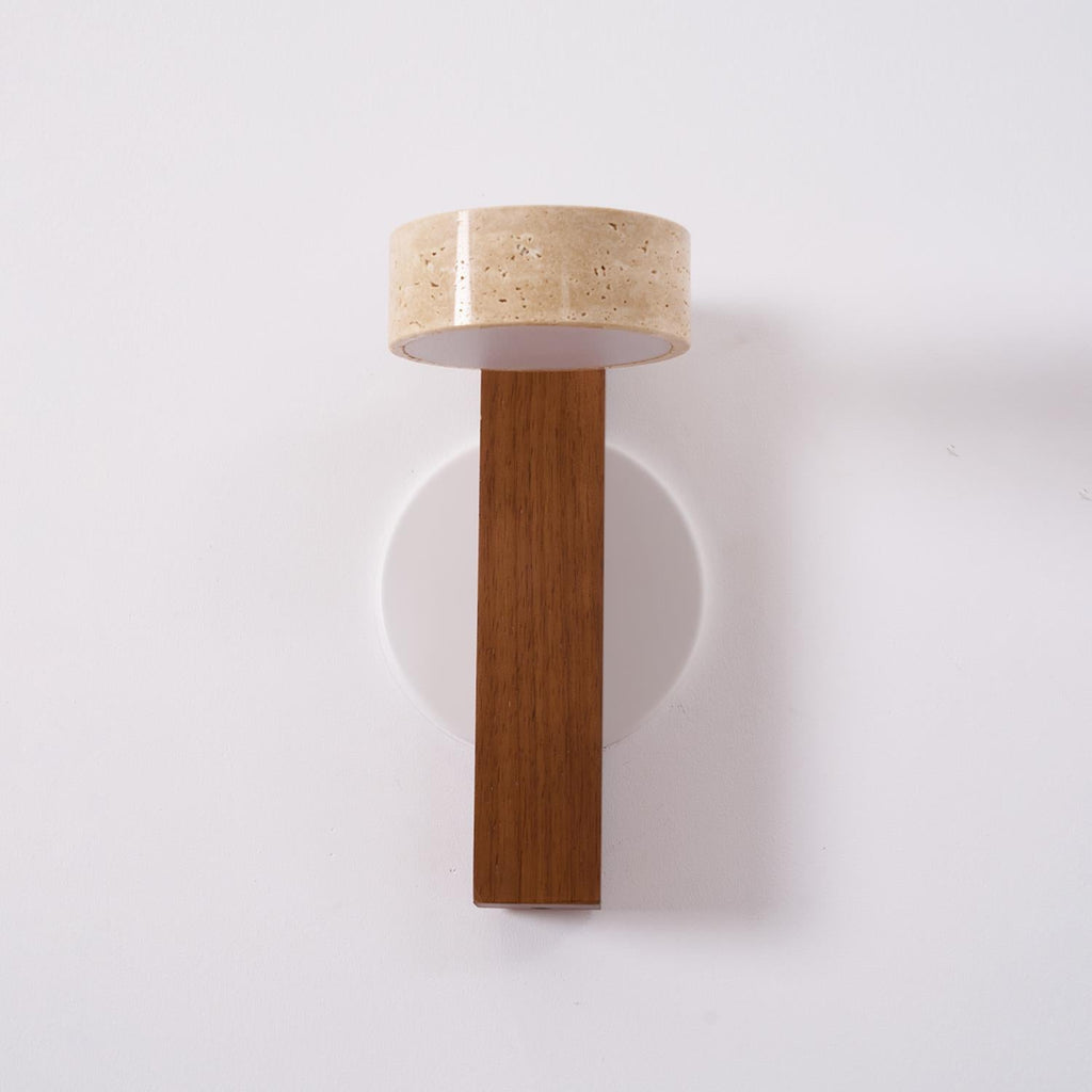 Modern wall lamp with wooden base and concrete-like shade