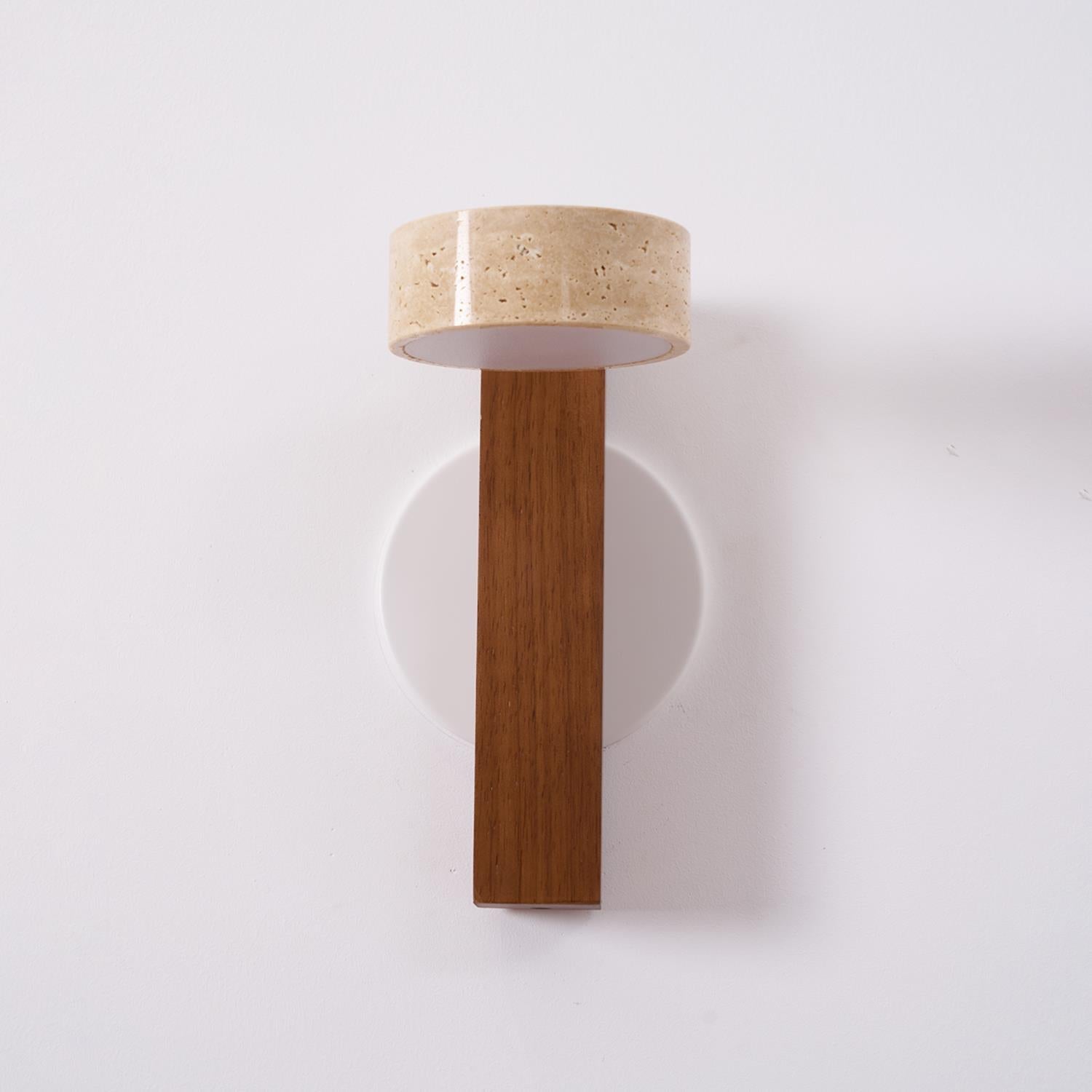 Modern wall lamp with wooden base and concrete-like shade