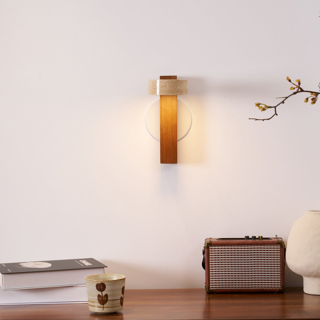 Modern wall lamp with wooden base and concrete-like shade
