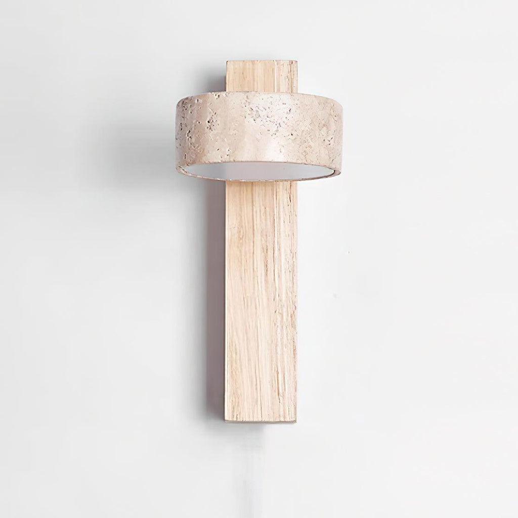 Modern wall lamp with wooden base and concrete-like shade