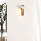 Modern wall-mounted light fixture on a white wall with a plant to the left.