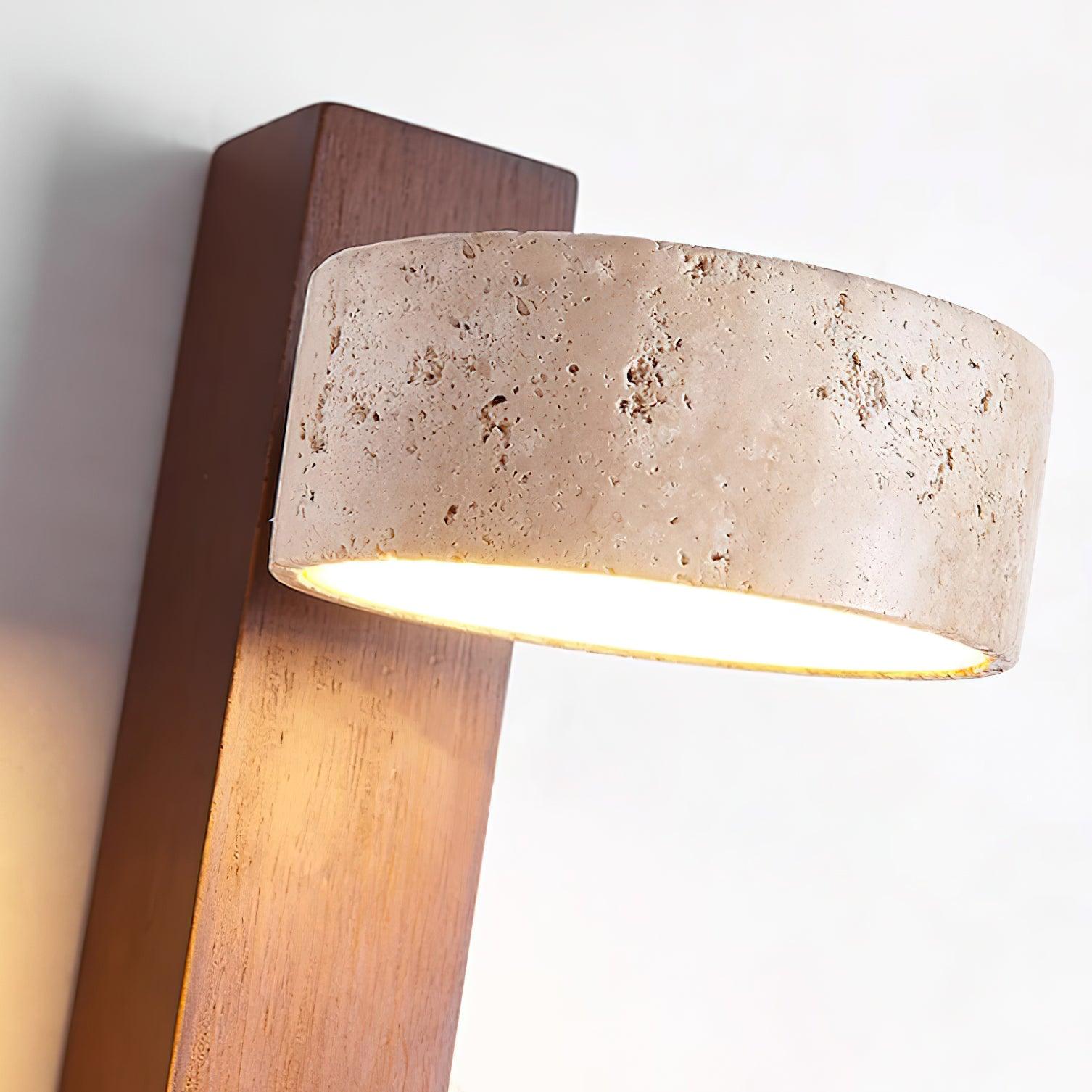 Modern wall lamp with wooden base and concrete-like shade