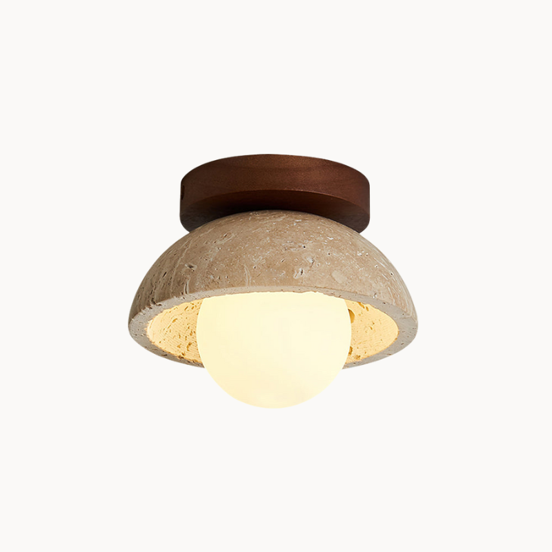 Ceiling light fixture with concrete-like shade and wooden top on a beige background