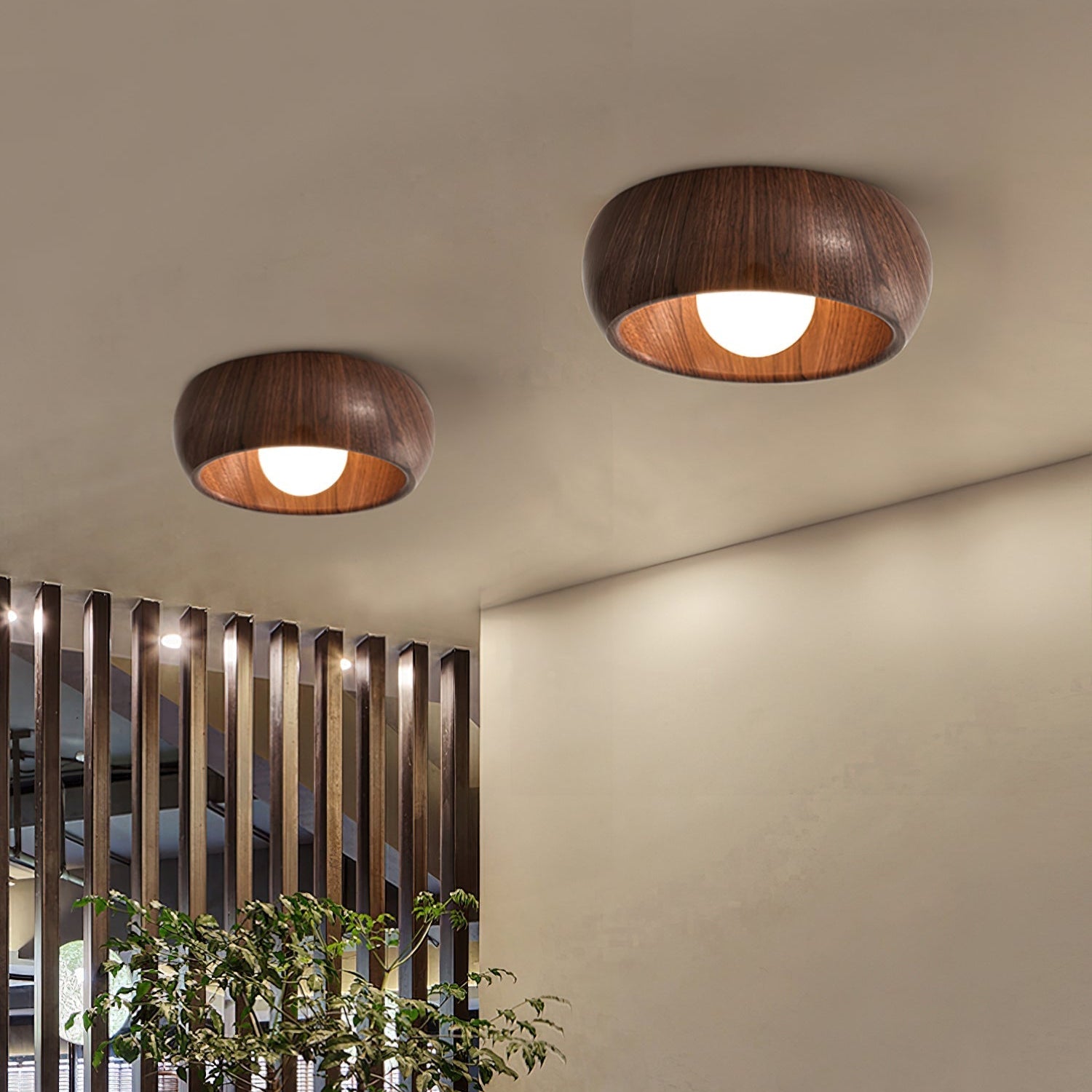 Two wooden ceiling lights on a ceiling with a plant and window in the background.