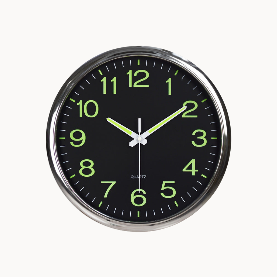 Lichtgevende stille wandklok 30 cm – Moderne glow-in-the-dark wandklok met stil uurwerk