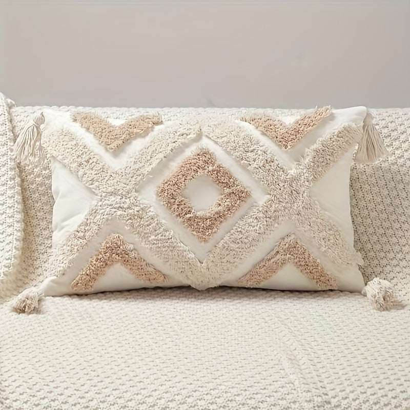 Decorative pillow with geometric pattern on a textured surface
