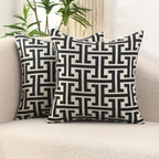 Two decorative pillows with a geometric pattern on a couch.